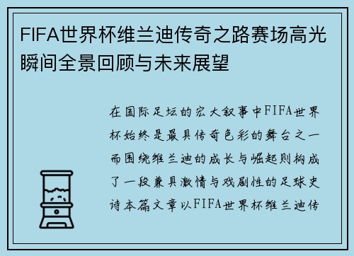 FIFA世界杯维兰迪传奇之路赛场高光瞬间全景回顾与未来展望