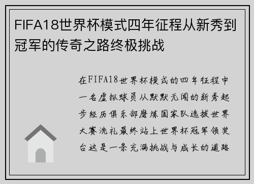 FIFA18世界杯模式四年征程从新秀到冠军的传奇之路终极挑战